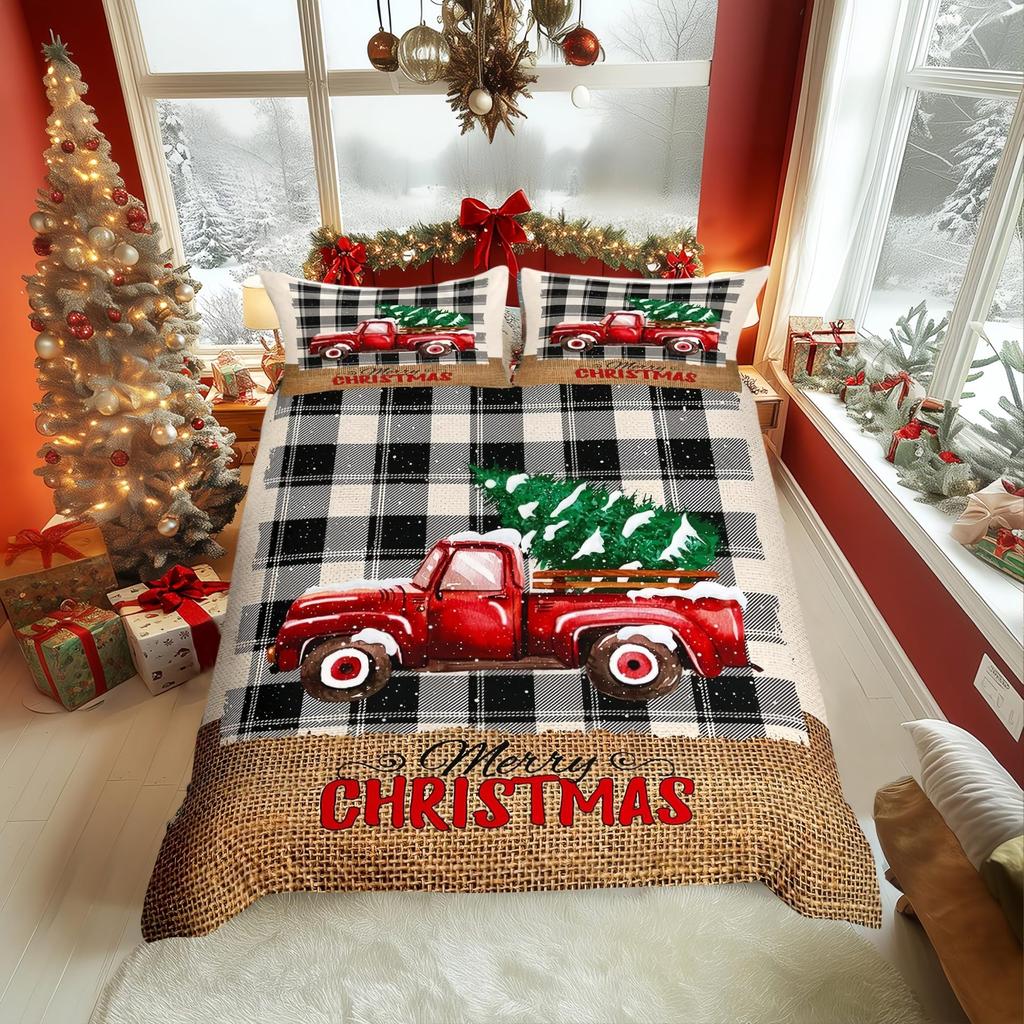 Geometric Grid Christmas Tree Three-Piece Digital Printed Bedding Set Bed Cover