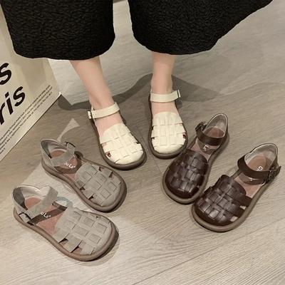 Новые женские летние туфли Zapatillas De Mujer сандалии на плоской подошве с квадратным носком кожаные женские сандалии-гладиаторы без застежек женская пляжная обувь