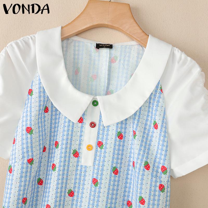 VONDA Women Lapel Neck Short Sleeve Plaid Print Patchwork Ruffled Mini Dress