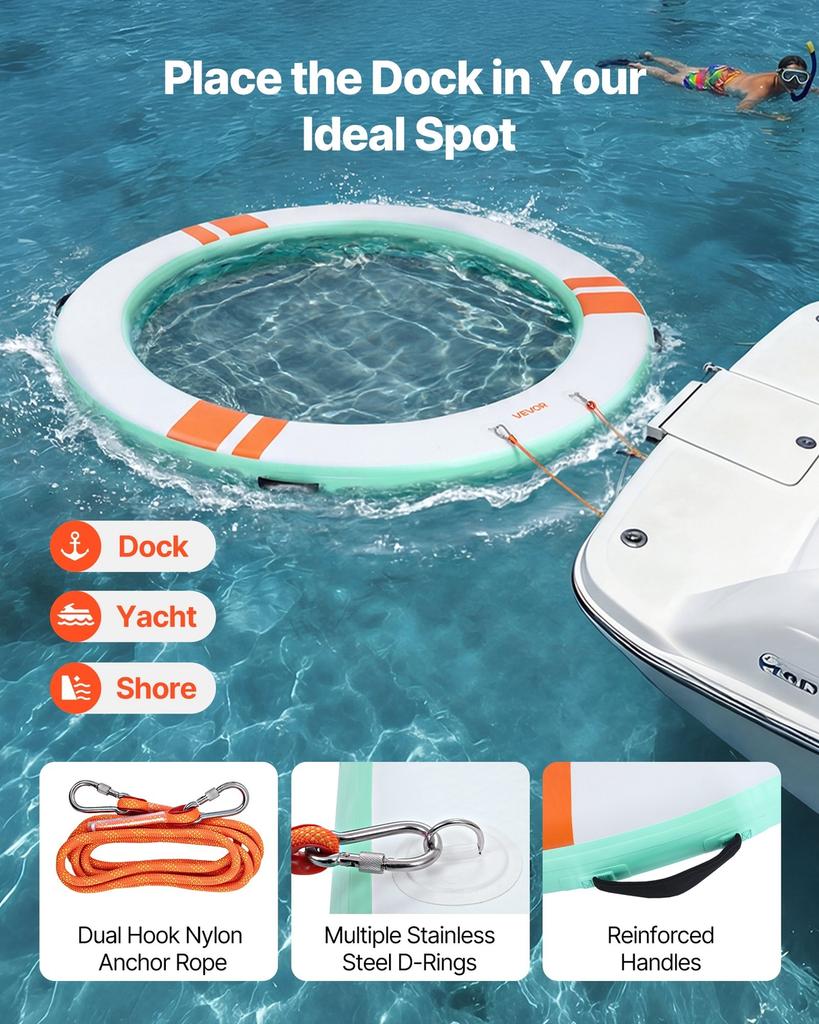 Inflatable Floating Dock, 2.44M Round Inflatable Dock Platform, Non-Slip Water Floating Dock Mat with Portable Carrying Bag & Detachable Ladder, Float