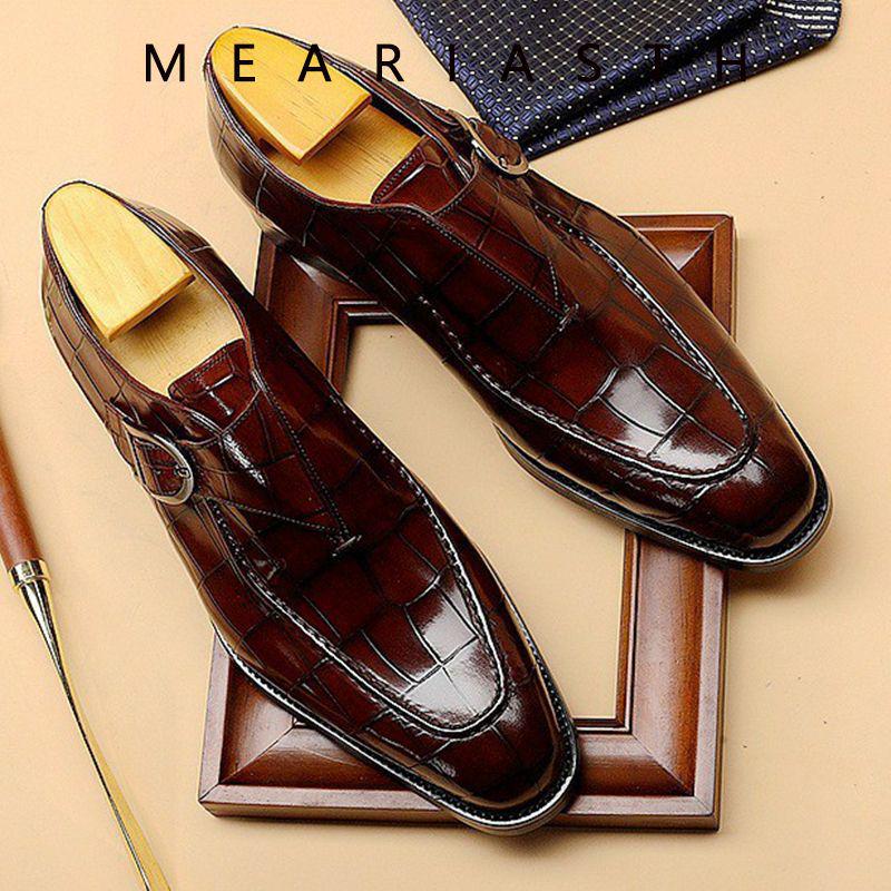 Men's Formal Leather Monk Shoes - European & American Style, Alligator Pattern, Square Toe, Retro Handmade