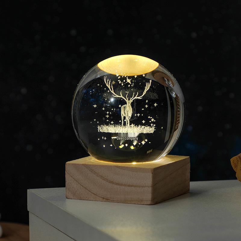 3D Solar System Crystal Ball Night Light with Wooden Base - Luminous Desktop Home Decor & Birthday Gift