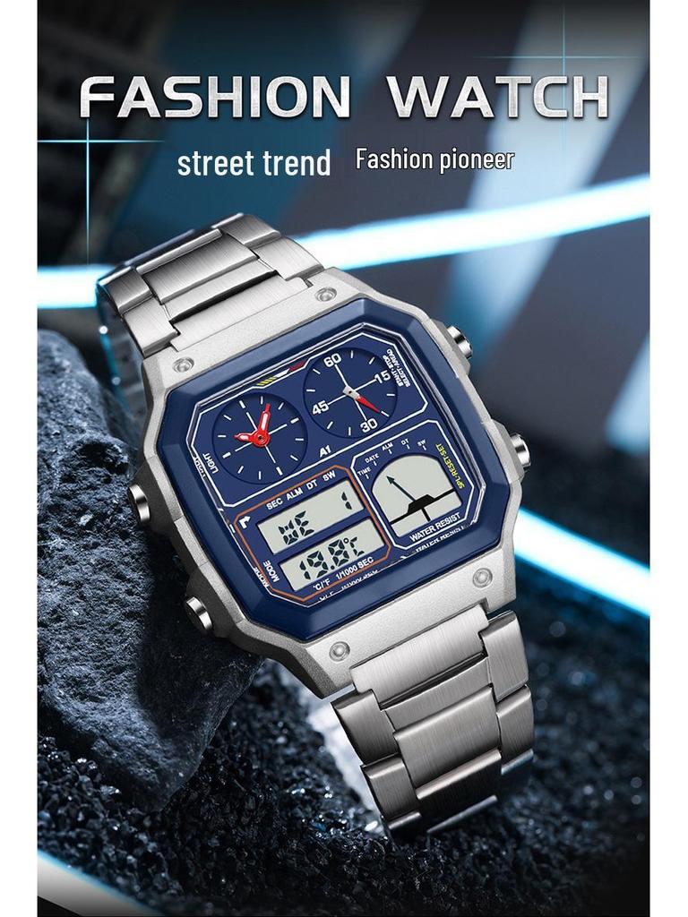 Sanda Temu Студенческие спортивные часы с измерением температуры, водонепроницаемые, двойной дисплей, многофункциональный квадратный дизайн