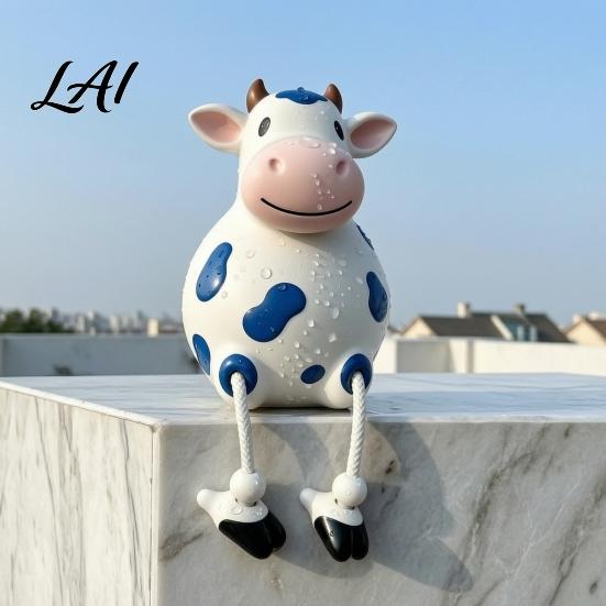 Resin Animal Statue Cow Statue Cute Shelf Sitter Figurine with Dangling Rope Legs Whimsical Courtyard Cartoon Farmhouse Ornament for Fence Railing