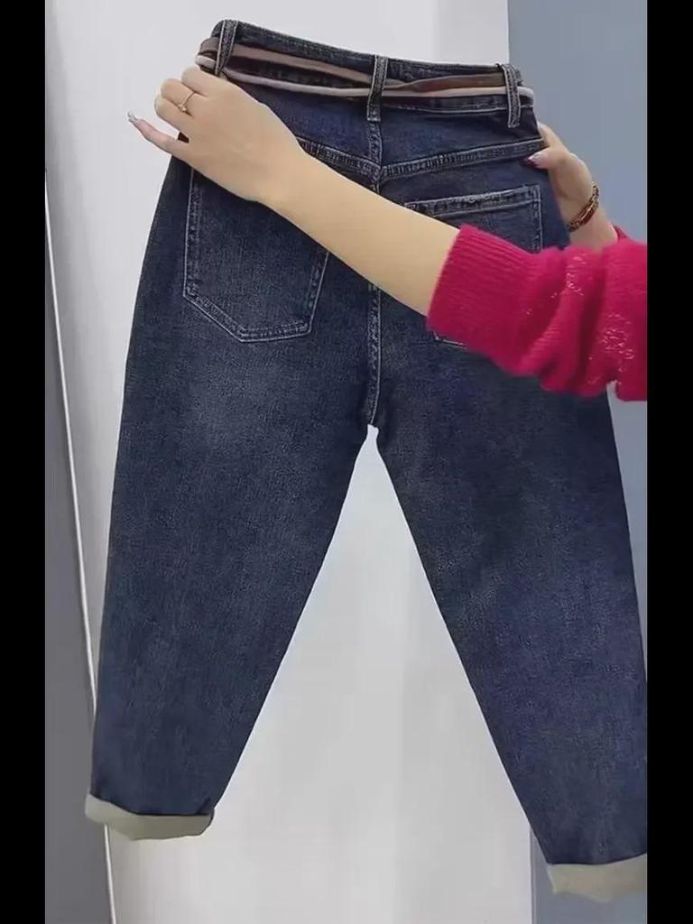 Джинсы-шаровары с высокой талией для женщин с грушевидной фигурой — весна/осень, облегающий крой, большие размеры