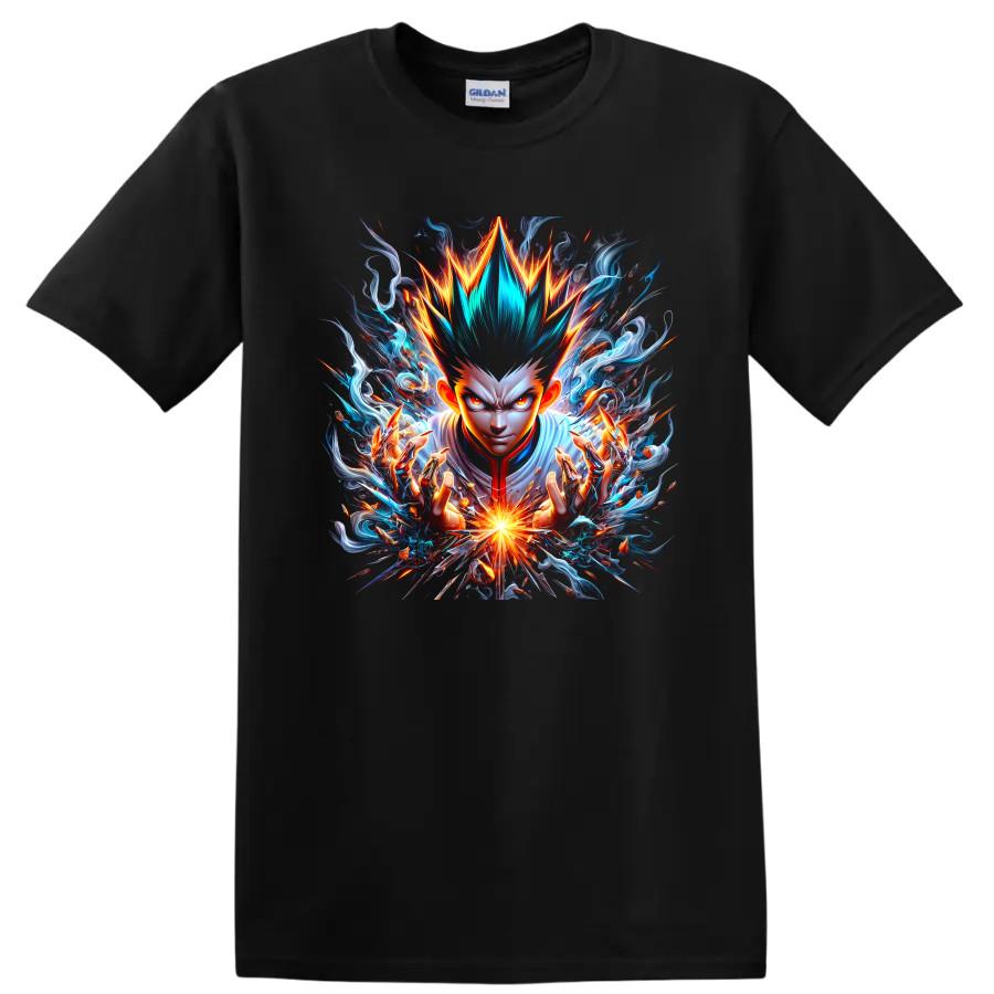 Anime Warrior T Shirt w/ Fiery Blue Energy Aura Fantasy Action Graphic Art Tee