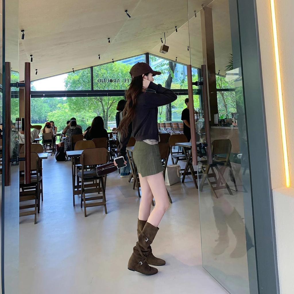 Inner Height Increase of 6CM~ Leather Retro Stacked Western Cowboy Boots Round Head Buckle with Soft Folds and Thin Medium Boots for Women