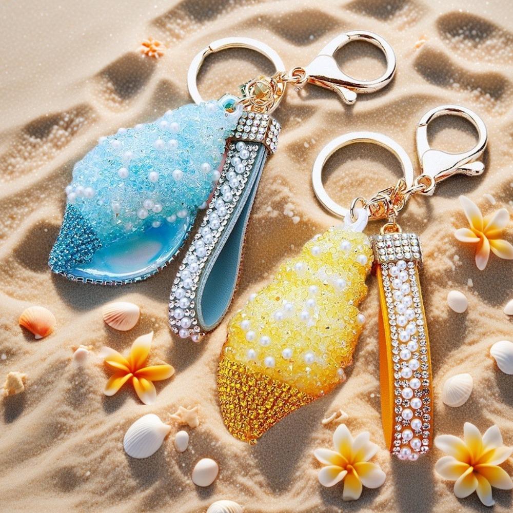 Candy Color Shell Conch Keychain Rhinestone Pearl Car Keyring Fashion Sea Beach Pendants Couple