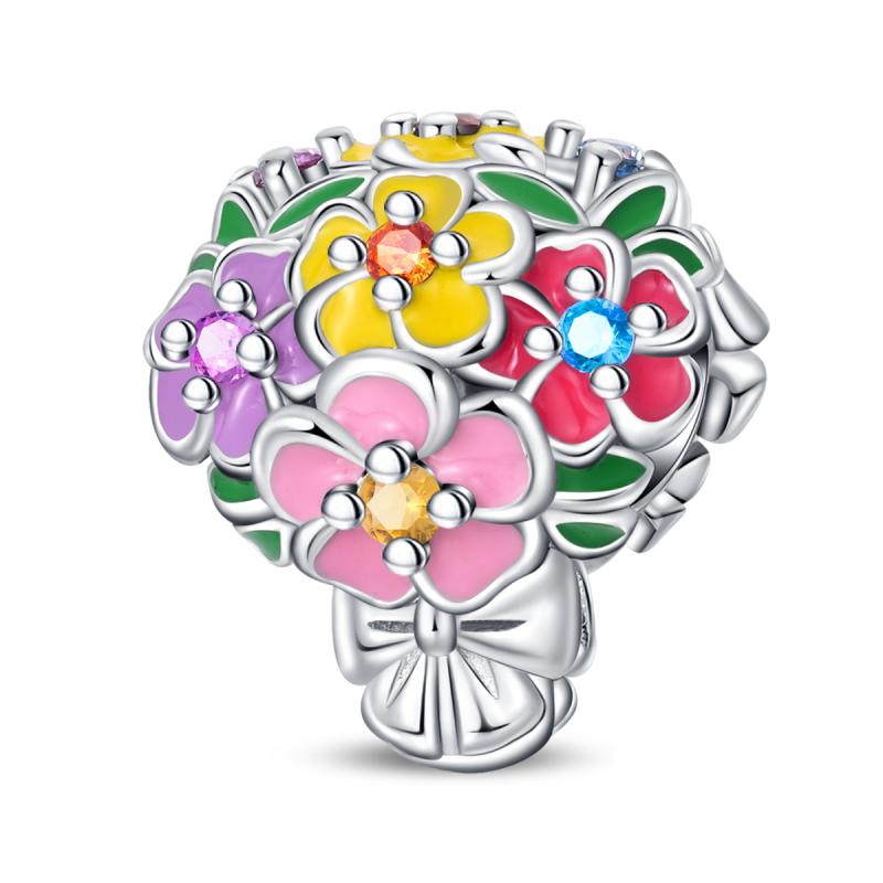 Copper Cute Colorful Flowers Charms Pendant Elegant Romantic Beads Fit Original Bracelet Diy Birthday Jewelry Gift