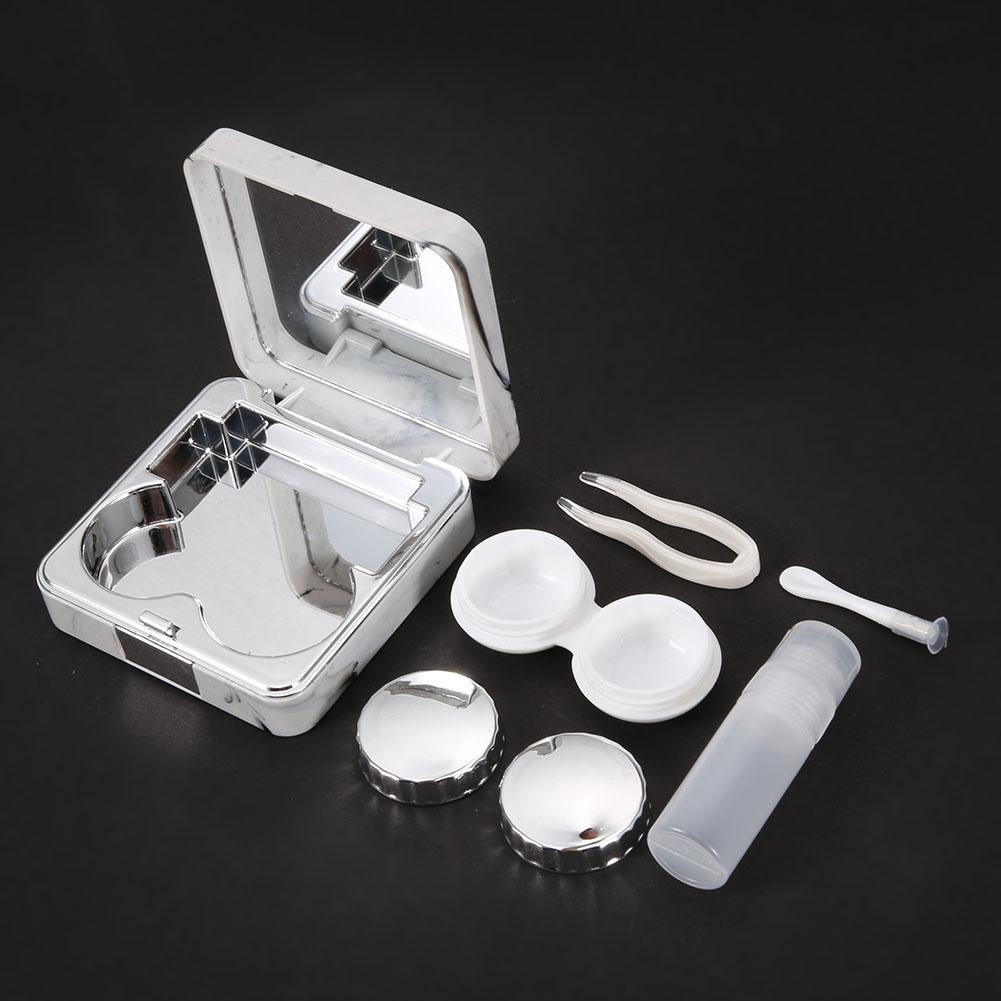 Portable Marble Surface Mirror Square Soaking Contact Lens Case Silver