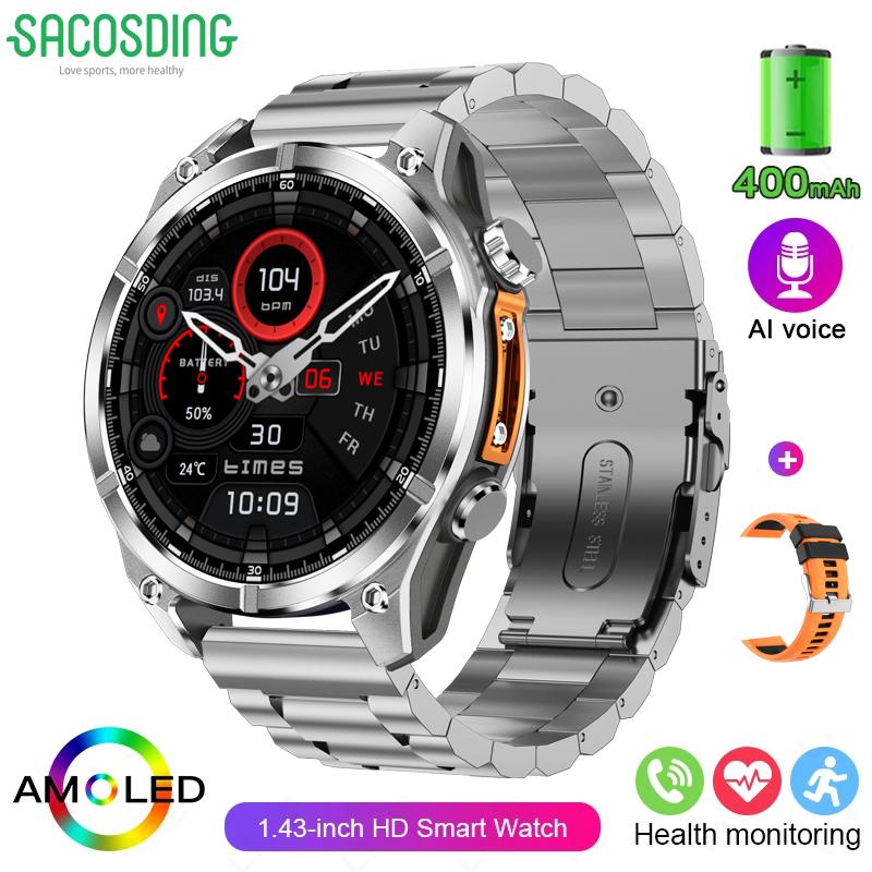 Мужские смарт-часы SACOSDING с экраном AMOLED 1,43 дюйма, разрешением 466*466 HD, многофункциональным спортивным режимом, Android iOS, универсальные смарт-часы