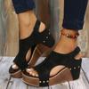 Fashion Fish Mouth Rivet Wedge Platform Sandals Women Plus Size Romen Sandals Vintage Wood Grain Sole Sandalias De Mujer 2024