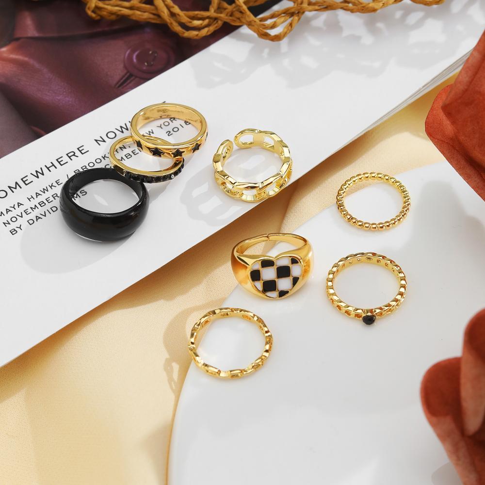 Модное полое кольцо со звездой, комплект женских колец, изысканное подарочное кольцо, черно-белые решетчатые украшения