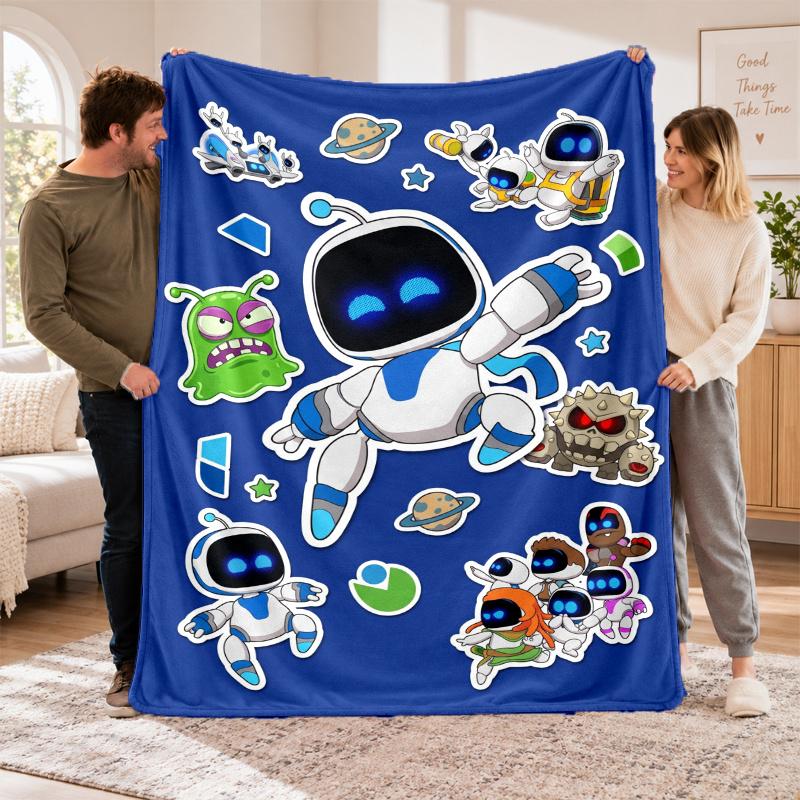 Flannel Fleece Blanket with Astro Bot Design, Soft Lightweight Throw for Bed Sofa Travel