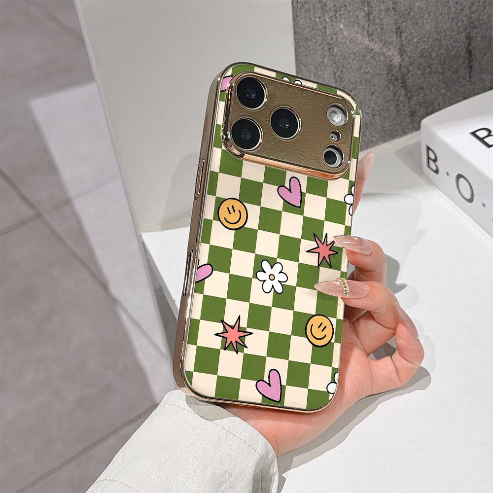 Чехол для телефона 'Счастливый старт' для iPhone 17 16 15 14 13 12 11 Pro Max 16E Золотой гальванизированный стеклянный корпус Клетчатый Чехол с милыми иконками