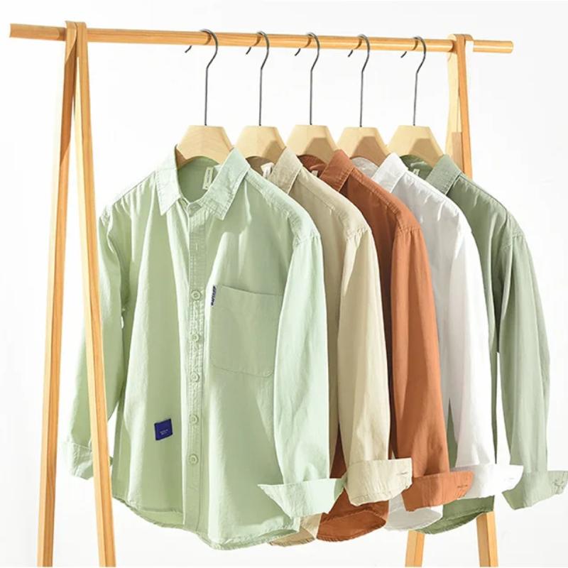 100% хлопок, мягкие и удобные мужские рубашки, весенние повседневные рубашки, свободные однотонные рубашки с отложным воротником и длинными рукавами, молодежный простой стиль