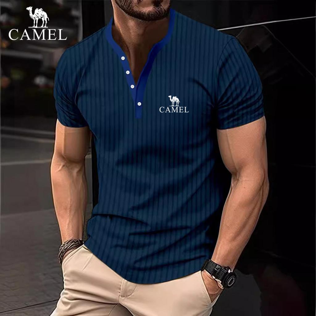 2024 Summer Men's Solid Color Pit Stripe Casual Button V-neck Slim Fit Embroidered Short Sleeved T-shirt