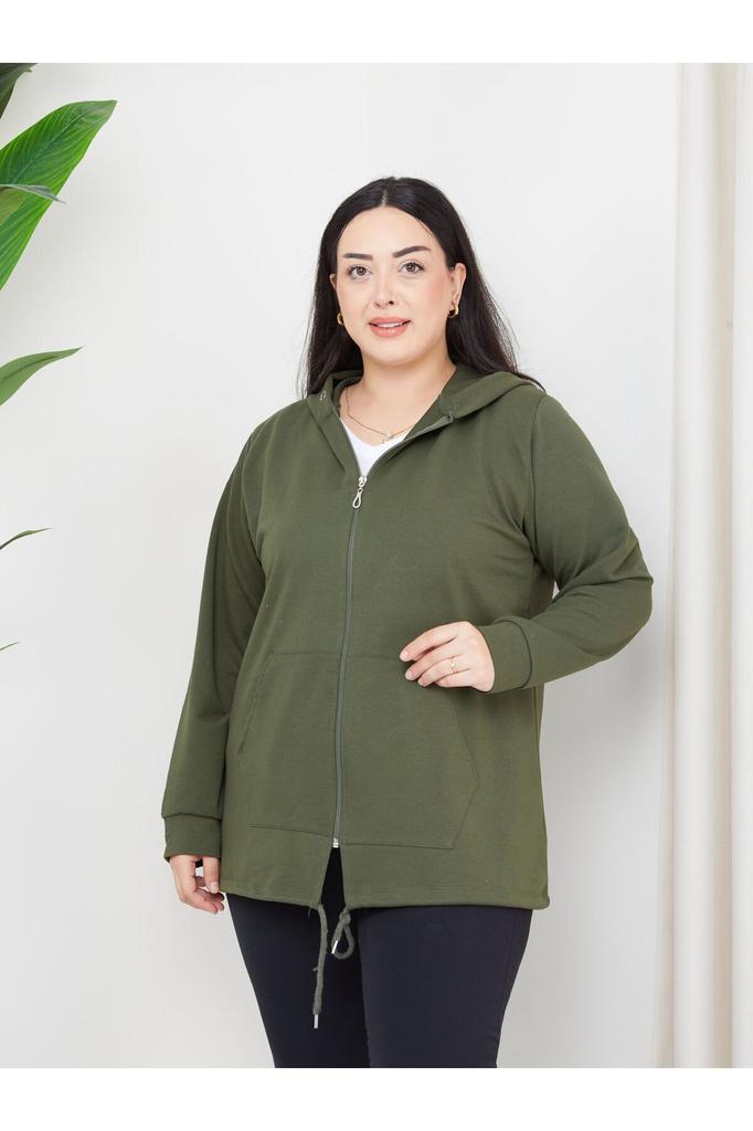 Женский стиль, толстовка большого размера, большой размер, модель на молнии с капюшоном, 2 кармана, длинный зеленый Спортивный и повседневный свитшот зеленого цвета