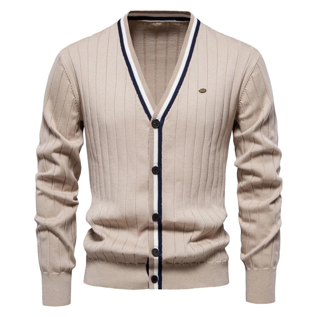 Men's Winter V-neck Long Sleeve Contrast Color Trimming Jacket Men's Loose Solid Color Knitted Cardigan