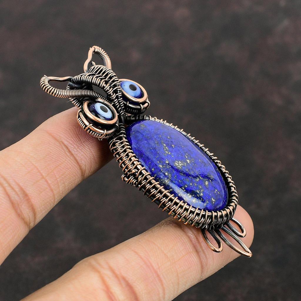 Подвеска из лазурита и меди, обмотанная проволокой, подвеска синего цвета от сглаза, подвеска из драгоценного камня и меди, подвеска в виде совы, украшения ручной работы, обмотанные проволокой