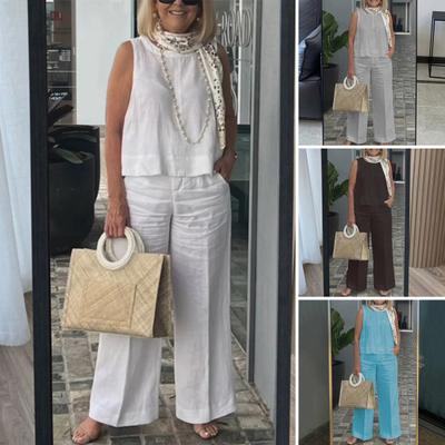 2 шт./компл., женский жилет, брюки, комплект с круглым вырезом, без рукавов, свободный однотонный топ, широкие брюки, повседневная домашняя одежда, комплект из двух частей, спортивный топ, брюки