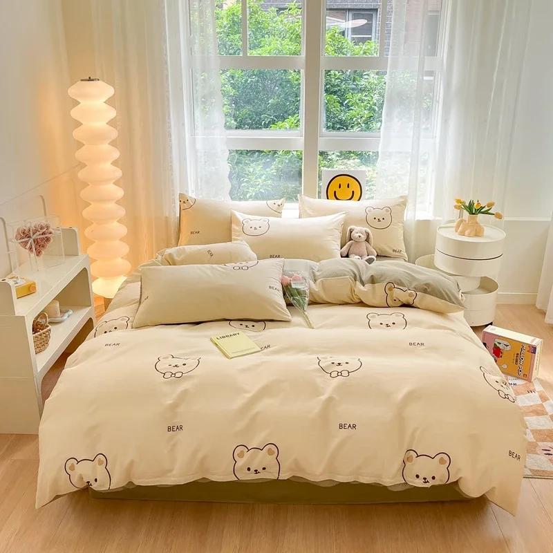 Комплект постельного белья из 3 предметов с цветными цветами в мультяшном стиле из 100% хлопка, мягкий и приятный на ощупь, с 2 наволочками