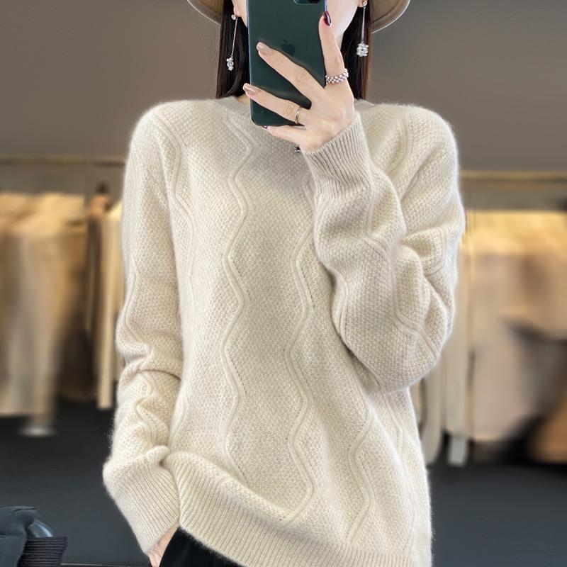 Women's Wave Pattern Wool Sweater - Round Neck, Solid Color, Knitted, Thickened, Loose Fit for Autumn/Winter.