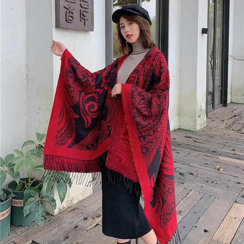 21 Style Big Pendulum Cloak With Hat Arabic Poncho Women Leopard Pocket Shawl Cape Knitted Middle East Split Thick Warm Blanket