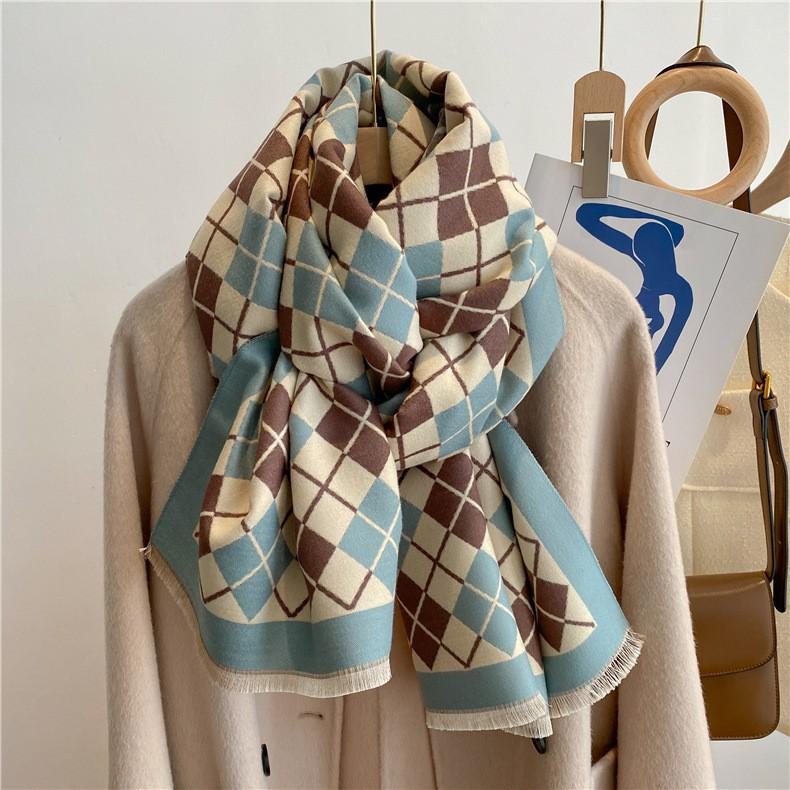 2024 Autumn/Winter New Color Blocked Imitation Cashmere Women'S Tassel Shawl Thickened Warm Double Sided Jacquard Wool Scarf
