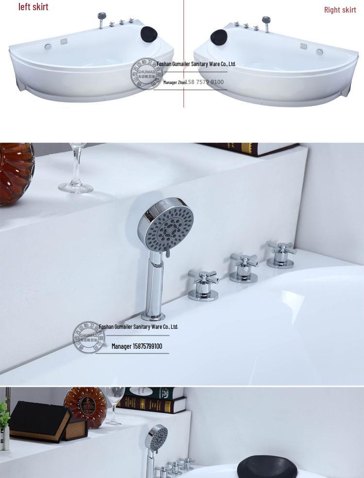 Triangular Fan-Shaped Bathtub with Bubble Massage, LED Lights, and Adjustable Temperature, 1.3m to 1.7m.