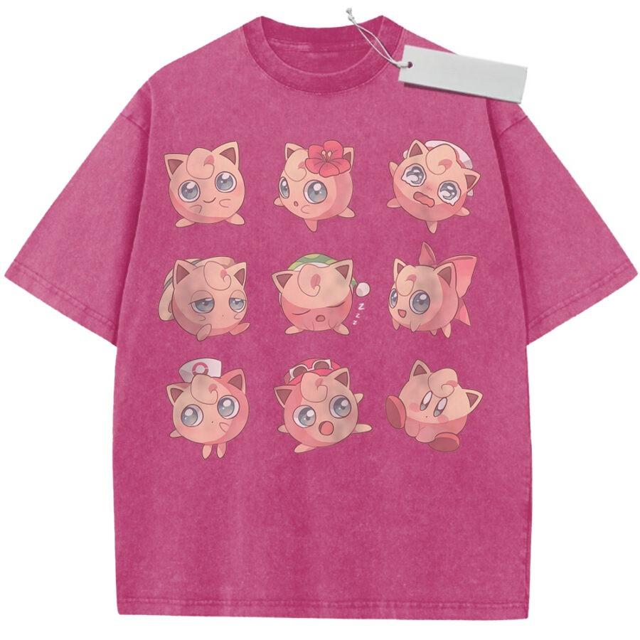 Unisex Washed Pink Vintage Tshirt Pokemon Jigglypuff Emoji Highquality Fabric for Home Leisure Travel Shopping