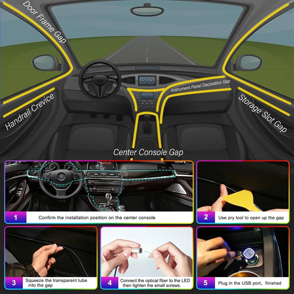 Светодиодные лампы для салона автомобиля, RGB оптоволоконная атмосфера, комплект неонового освещения с дистанционным управлением через приложение, автоматические декоративные лампы