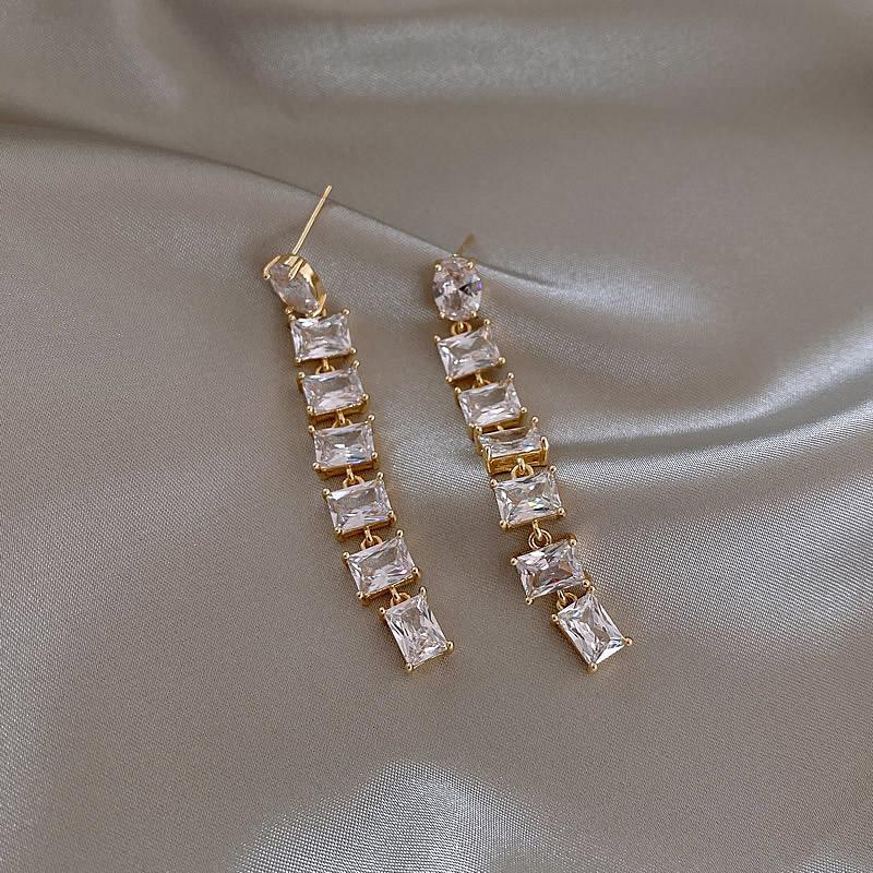 14 К Настоящее Золотое Покрытие Корейские Модные Ювелирные Изделия Роскошные Блестящие Квадратные Длинные Серьги С Цирконом Элегантные Женские Аксессуары Для Свадьбы