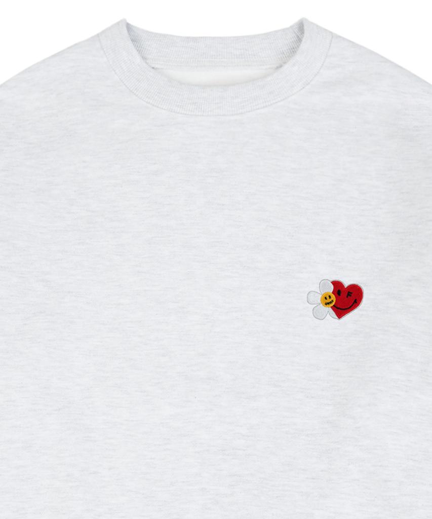 GRAVER [Unisex] Flower Heart Half Smile Embroidered Sweatshirt_Melange White