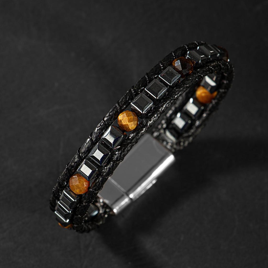 Мужской браслет макраме из тигрового глаза, натурального камня с гематитом