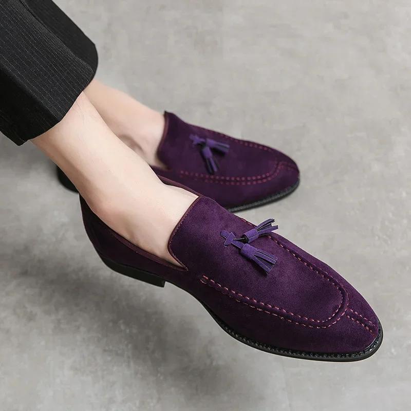 Brand Designer Men Suede Leather Shoes Vintage Purple Tassel Loafers Men Moccasins Casual Flats Slip-On Men's Social Dress Shoes