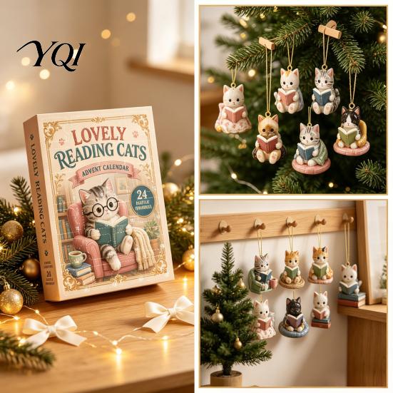 Christmas Tree Hanging Decorations Reading Cat Advent Calendar 2026, Cute Kitten Acrylic Ornaments 24 Days Countdown Unique Box Calendar, Pcs Cartoon