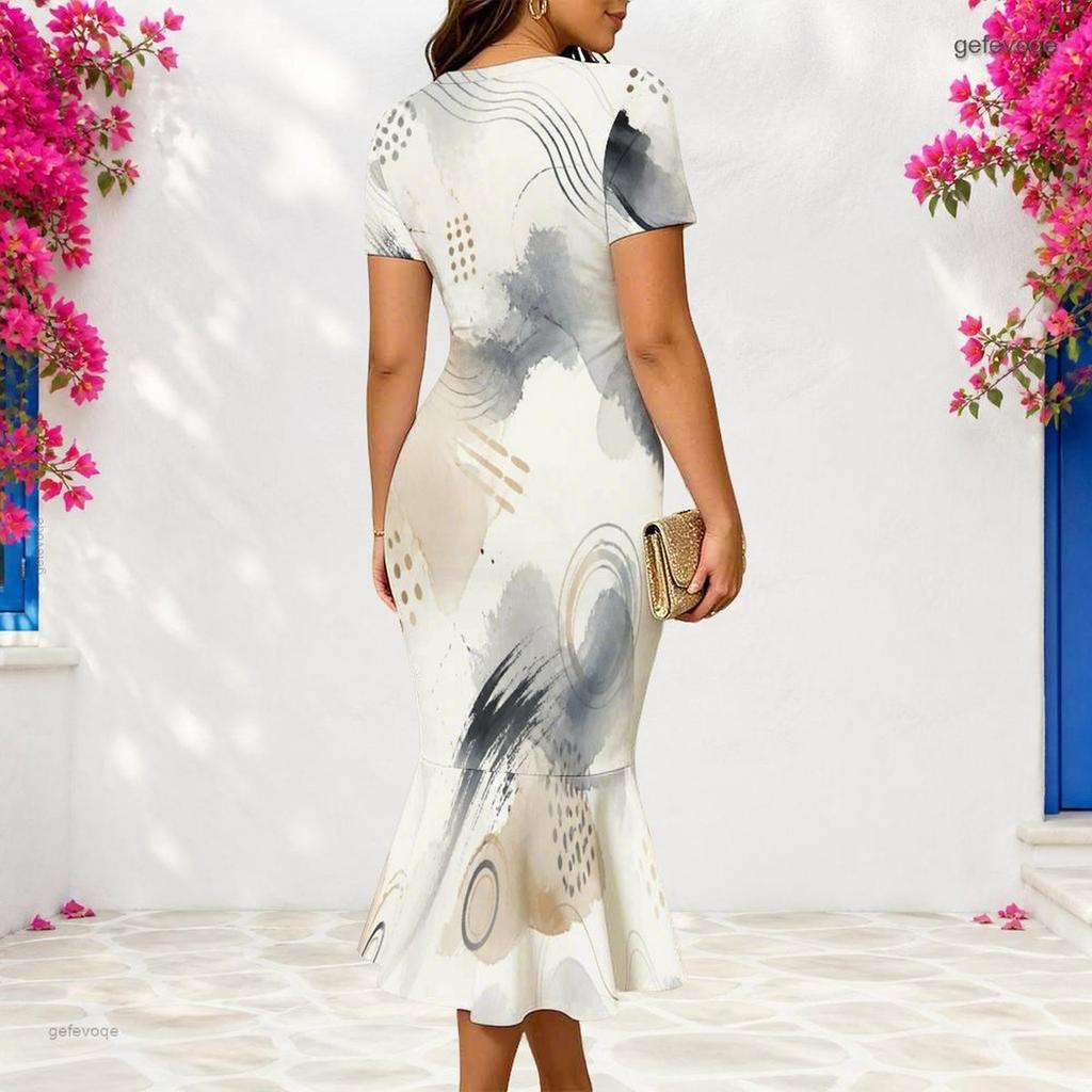 Women Plus Size V Neck Short Sleeve Abstract Printed Fitted Fishtail Dress