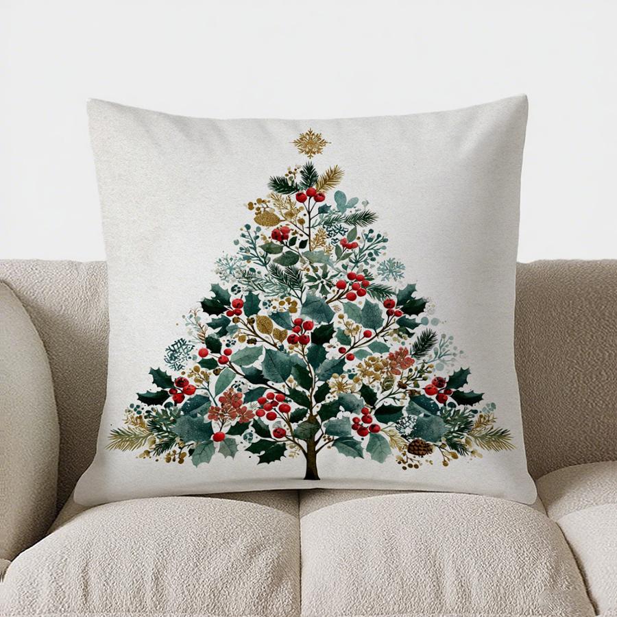 Christmas Holly Ball Pattern Throw Pillow Cover With Short Plush Print Living Room Sofa Decoration Cushion Cover Pillow Covers