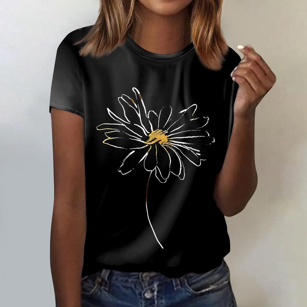 Women's Fashion Casual Short Sleeve Flower Print Round Neck Pullover Top Blouse