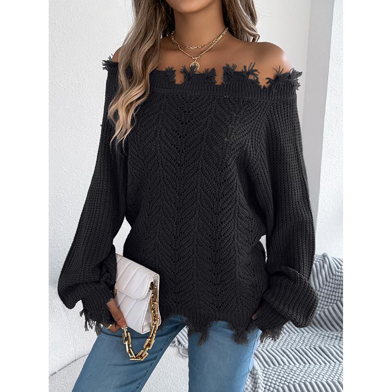 Женские свитера Осень Зима Однотонные Ажурные С длинным рукавом Рваные С открытыми плечами Пуловер