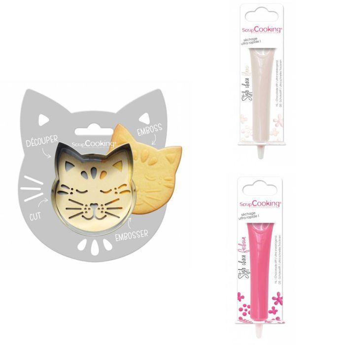 Cat Embossed Biscuit Kit + 2 White Chocolate and Fuchsia Pens