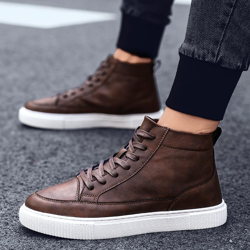 Fashion Casual Men's Leather Shoes Quality High Top Brown Shoes Men Comfort Skateboard Sneakers Men Moccasins Chaussure Hommes
