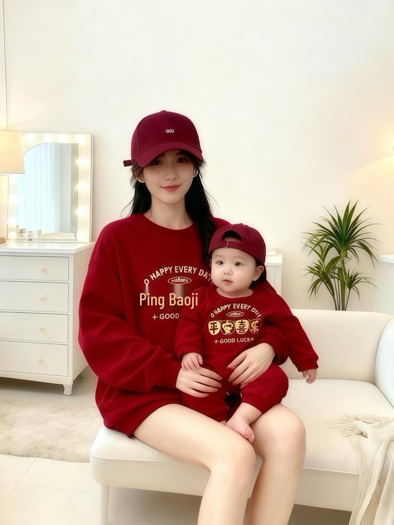 Peace & Joy New Year Family Outfits: Red Sweatshirt & Romper Set for Three or Four, Autumn/Winter 2026.