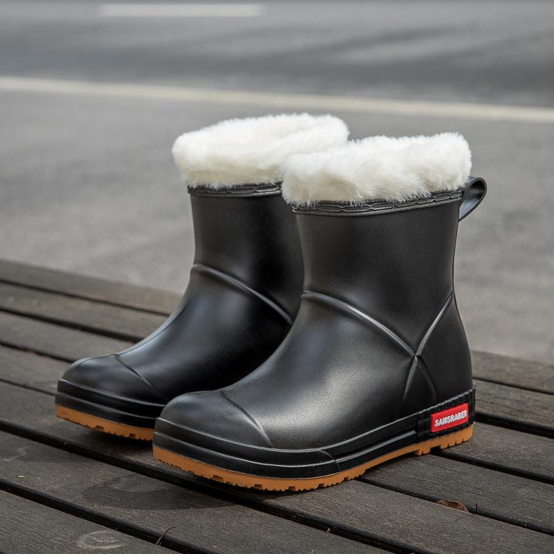 Женские новые водонепроницаемые короткие сапоги-трубы для взрослых, нескользящие, бархатные, теплые, резиновые сапоги