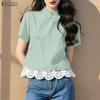 Женская летняя блузка с коротким рукавом, кружевной вставкой и воротником-стойкой