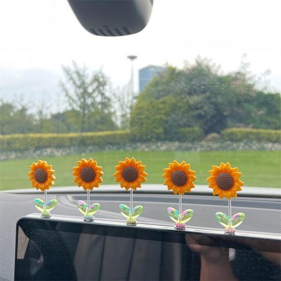 2/5Pcs Shaking Head Sunflower Car Decoration Adhesive Auto Dashboard Center Console Yellow Flower Ornament Doll