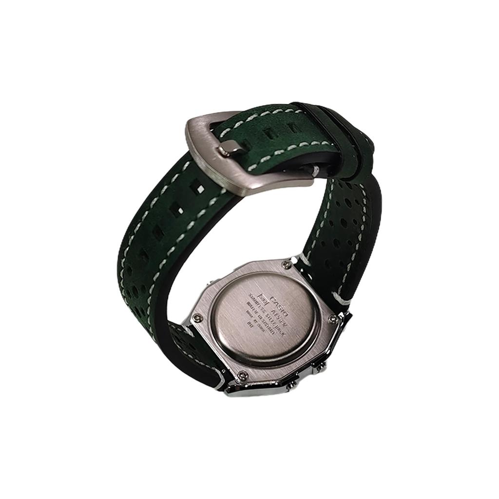 Casio Часы с кварцевым механизмом, кожаным ремешком, зеленым циферблатом, унисекс, A158WA-1(Часы1100--)