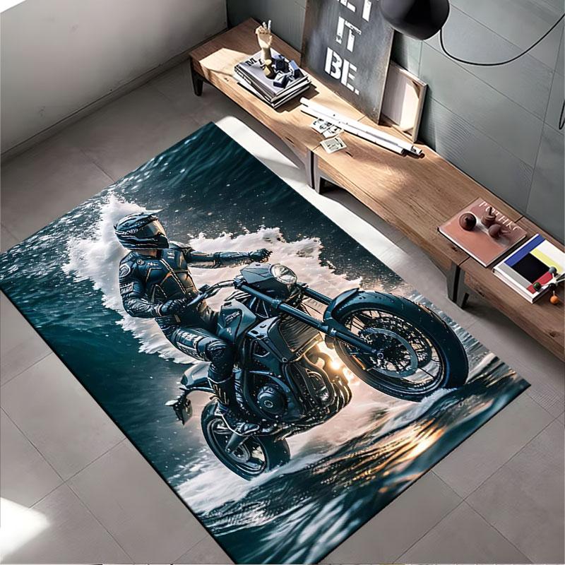 Motorcyclist Riding Through Waves suitable as a non-slip mat for the living room or bedroom sofa