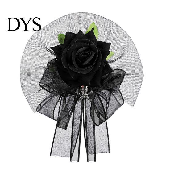 Artificial Rose Hand Flower Black Burgundy Tulle Mesh Corsage for Bridal Groom, Gothic Aesthetic Wristwear Women Boutonniere Wedding, Prom,